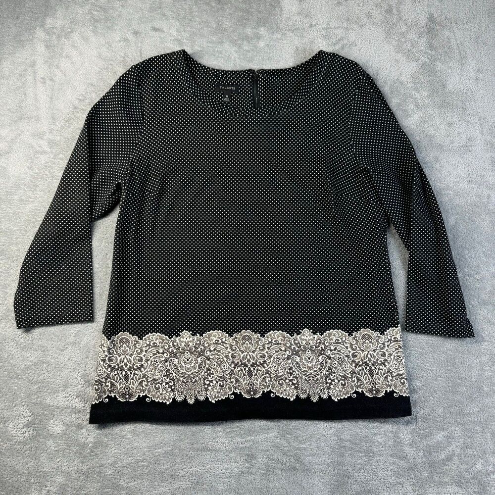 Talbots Top Women's Medium Black Polka Dot Lace Printed Blouse 3/4 Sleeve Shirt